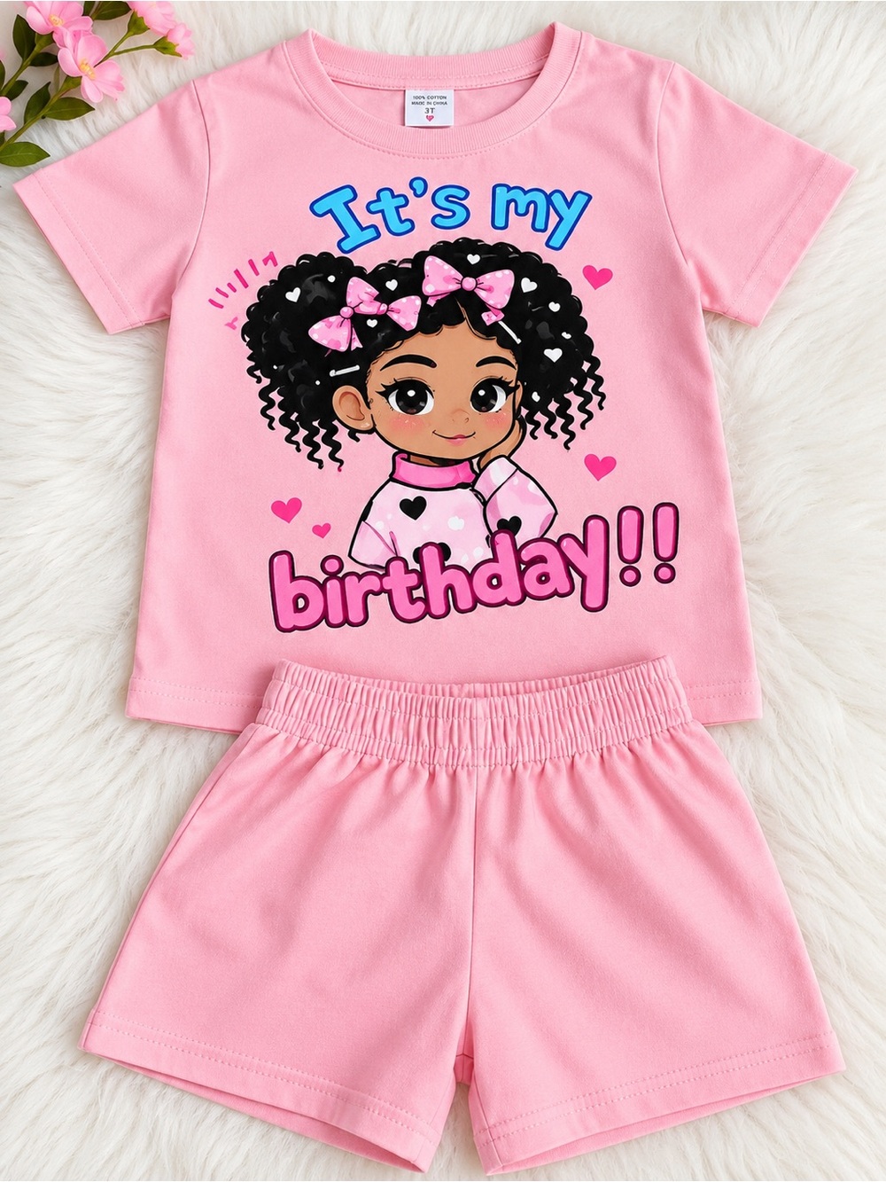 Kids Pink "It's My Birthday!!" Pajama Set - Cute Graphic Short Sleeve and Shorts